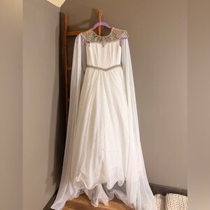 Sugar by Johnathan Kayne Embellished White Tulle Gown with Beaded Capelet